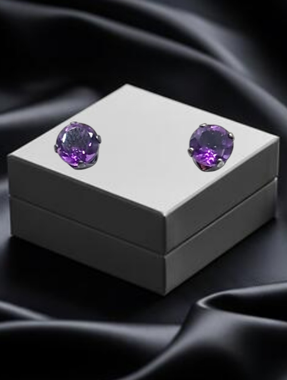 Elegant Black Gun Metal w/ Purple CZ Stones Stud Earrings